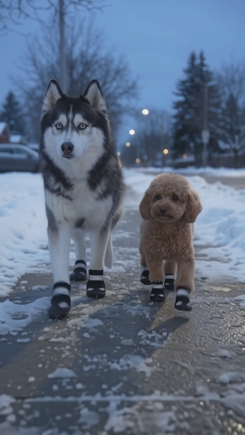 Dogs walking on a snowy sidewalk in reflective winter boots