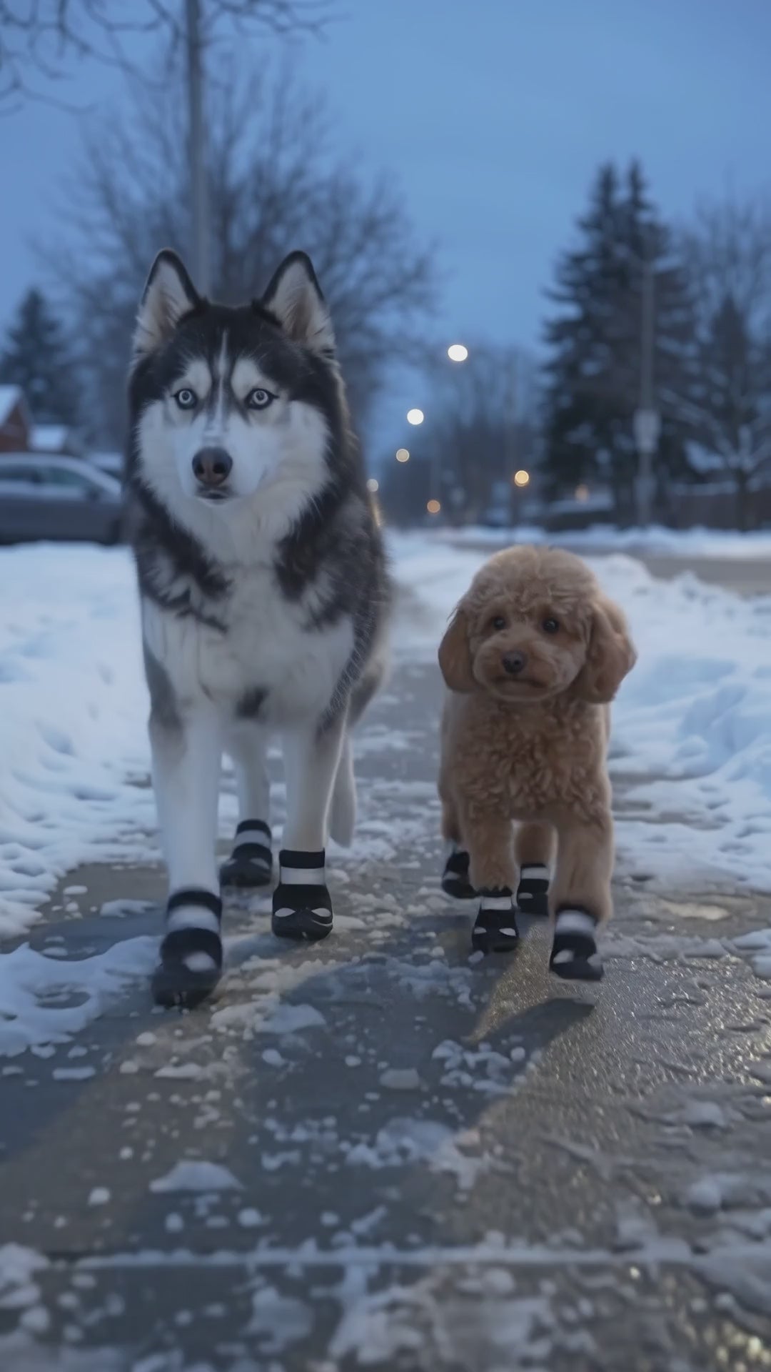 Dogs walking on a snowy sidewalk in reflective winter boots