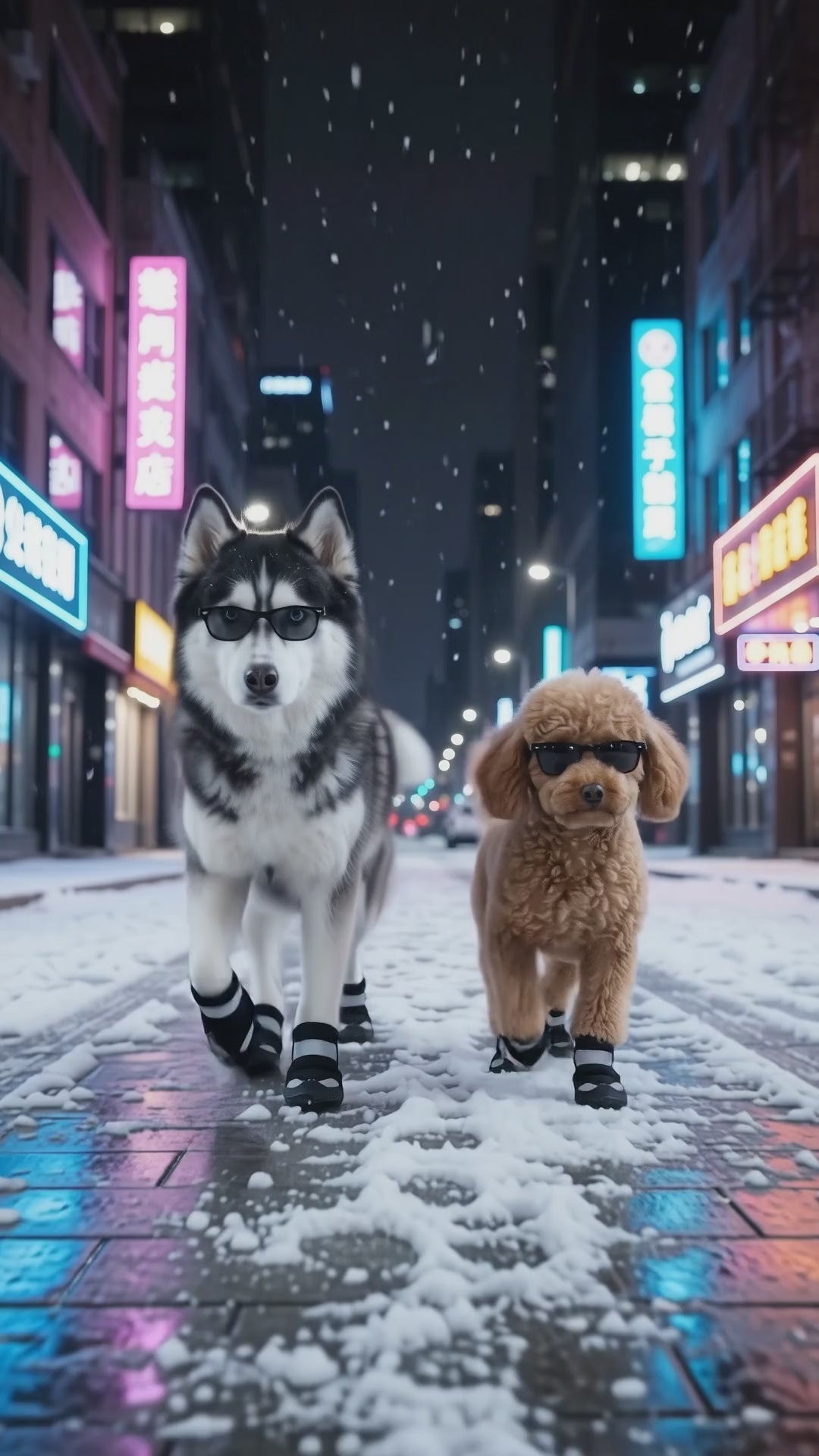 Dogs strutting in snow wearing reflective winter boots